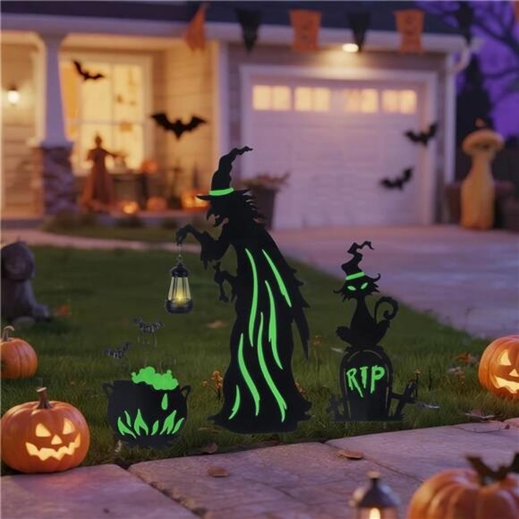 Halloween Decorations Outdoor- 3 Pack Metal Witch Yard Stakes with solar lantern - Picture 2 of 7